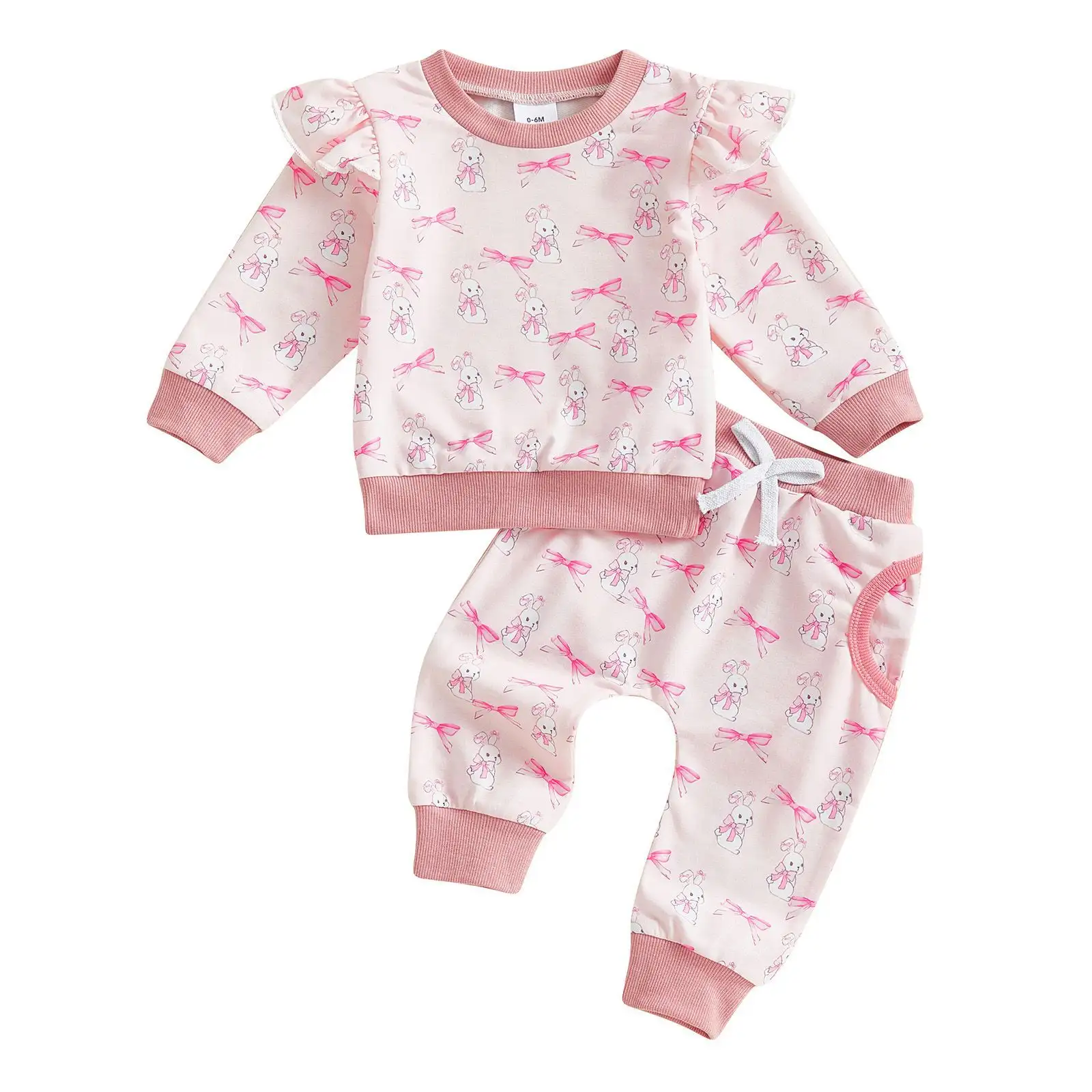 Bow Full Printed Long Sleeve Top And Trousers Suit