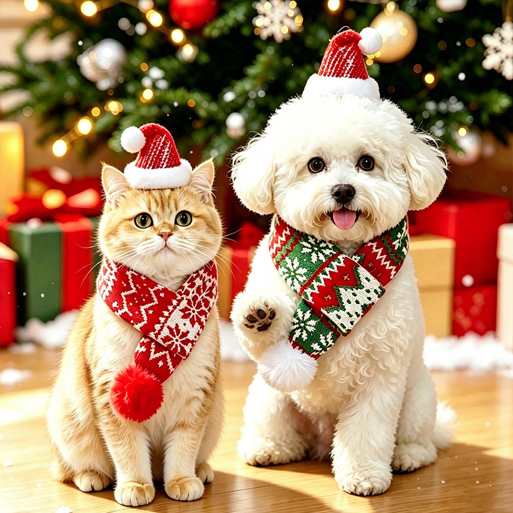 Pet Christmas Costume Set - Warm Scarf And Hat For Cats And Dogs Holiday Party Outfit