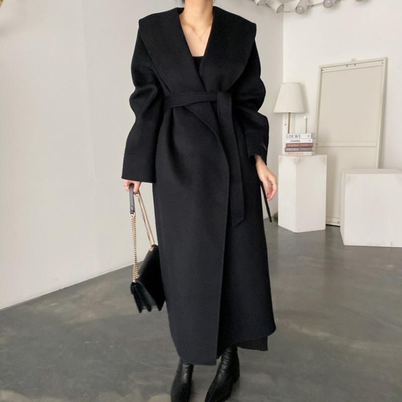 French Style Retro Elegant Shawl Collar Lace-up Long Loose Woolen Coat