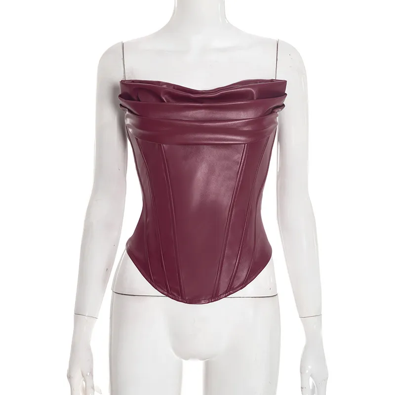 Women's PU Leather Fishbone-Strap Corset Sleeveless Top - Wine