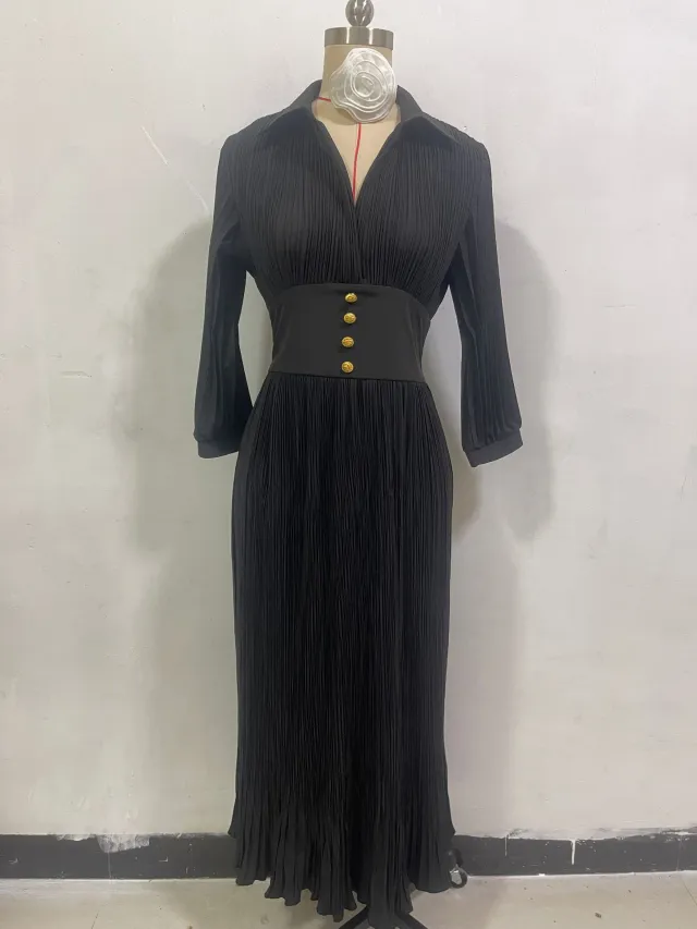 Solid Color Pleated Waist Tight Elegant Dress For Women Black - Shop at LoveMi