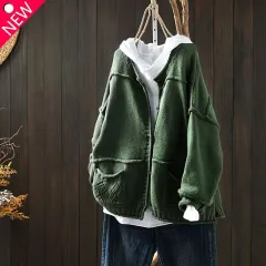 Women's Vintage Distressed Stitching Knitted Sweater - Dark Green - View 1