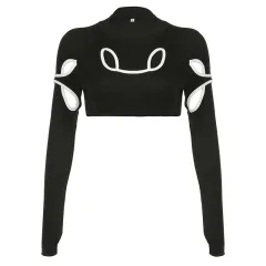 Women's Hollow Design Sense Contrast Colour Long Sleeves - Black - View 1
