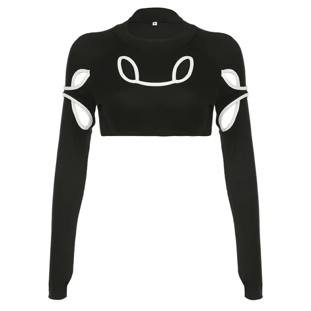 Women's Hollow Design Sense Contrast Color Long Sleeves Black - Shop at LoveMi