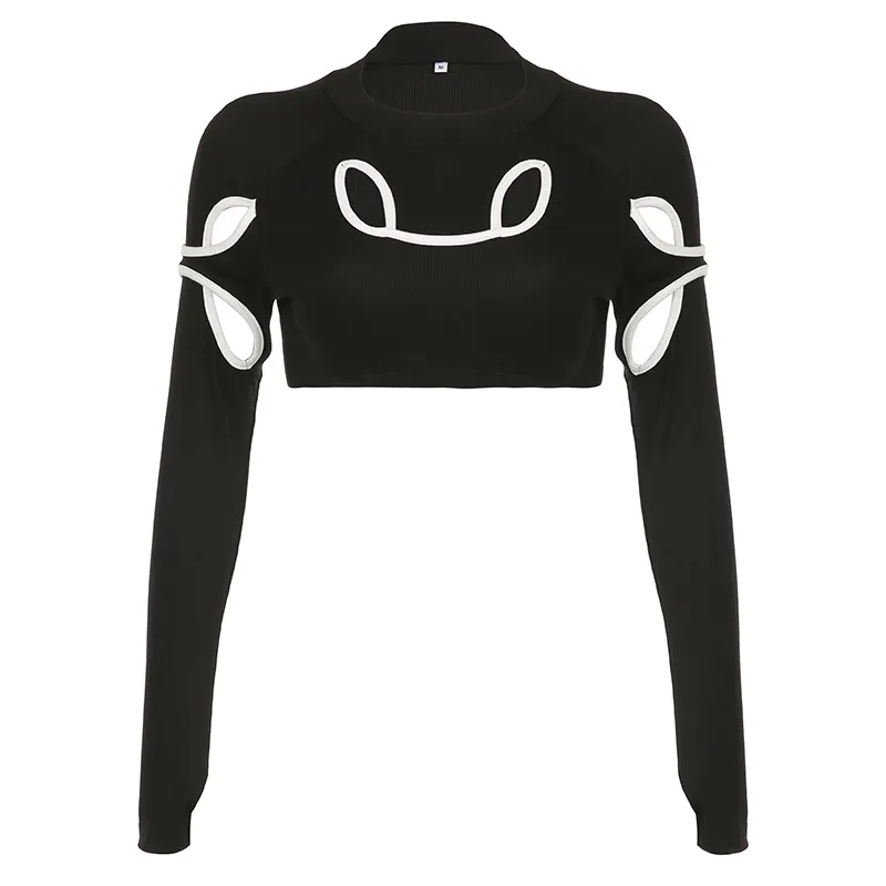 Women's Hollow Design Sense Contrast Colour Long Sleeves - Black
