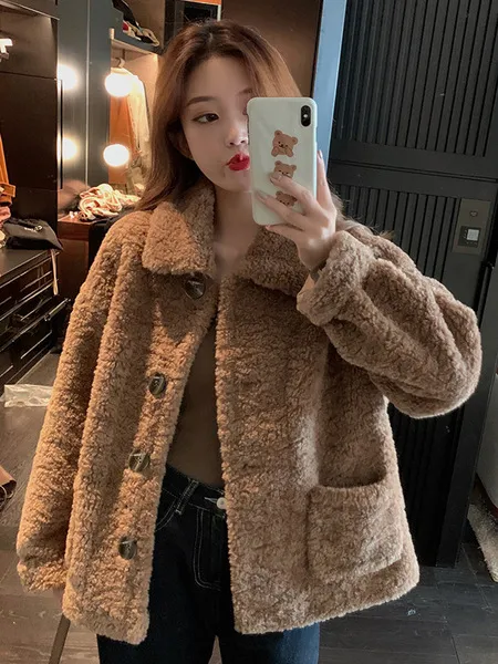 Berber Fleece Coat Women's Autumn And Winter New Loose Long sleeved Thickened Short Korean Style All matching Brown - Shop at LoveMi