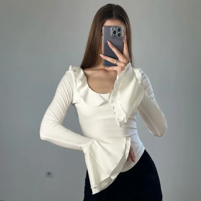 Ruffle trimmed Crew neck Top With Flared Sleeves White - Shop at LoveMi
