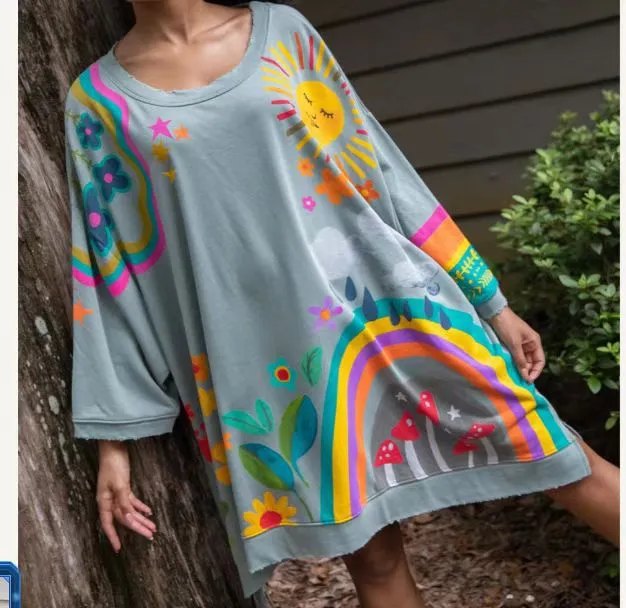 Loose Large Design Printed Crew Neck Sweatshirt Women Rainbow - Shop at LoveMi