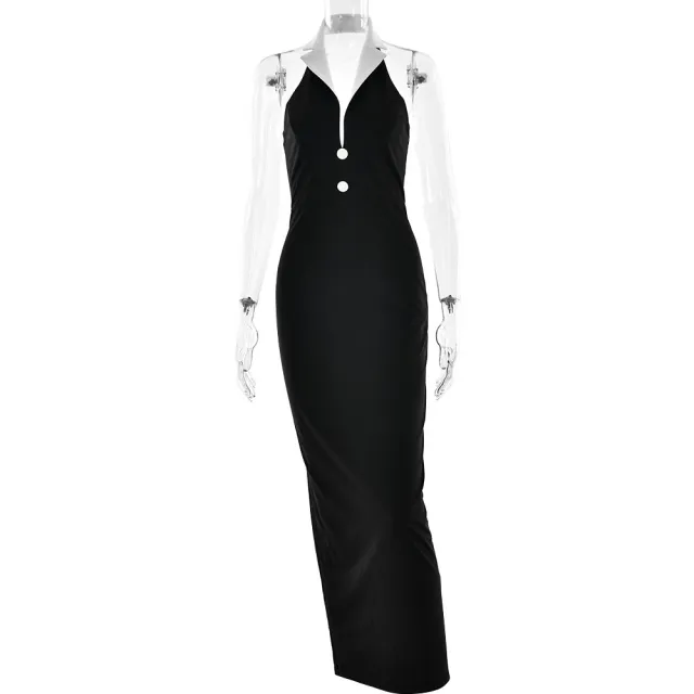 Lapel Backless Slit Dress Black - Shop at LoveMi