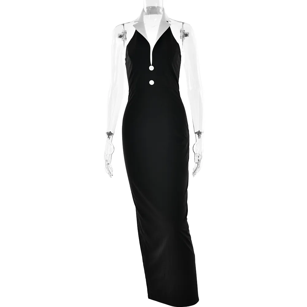 Lapel Backless Slit Dress - Black