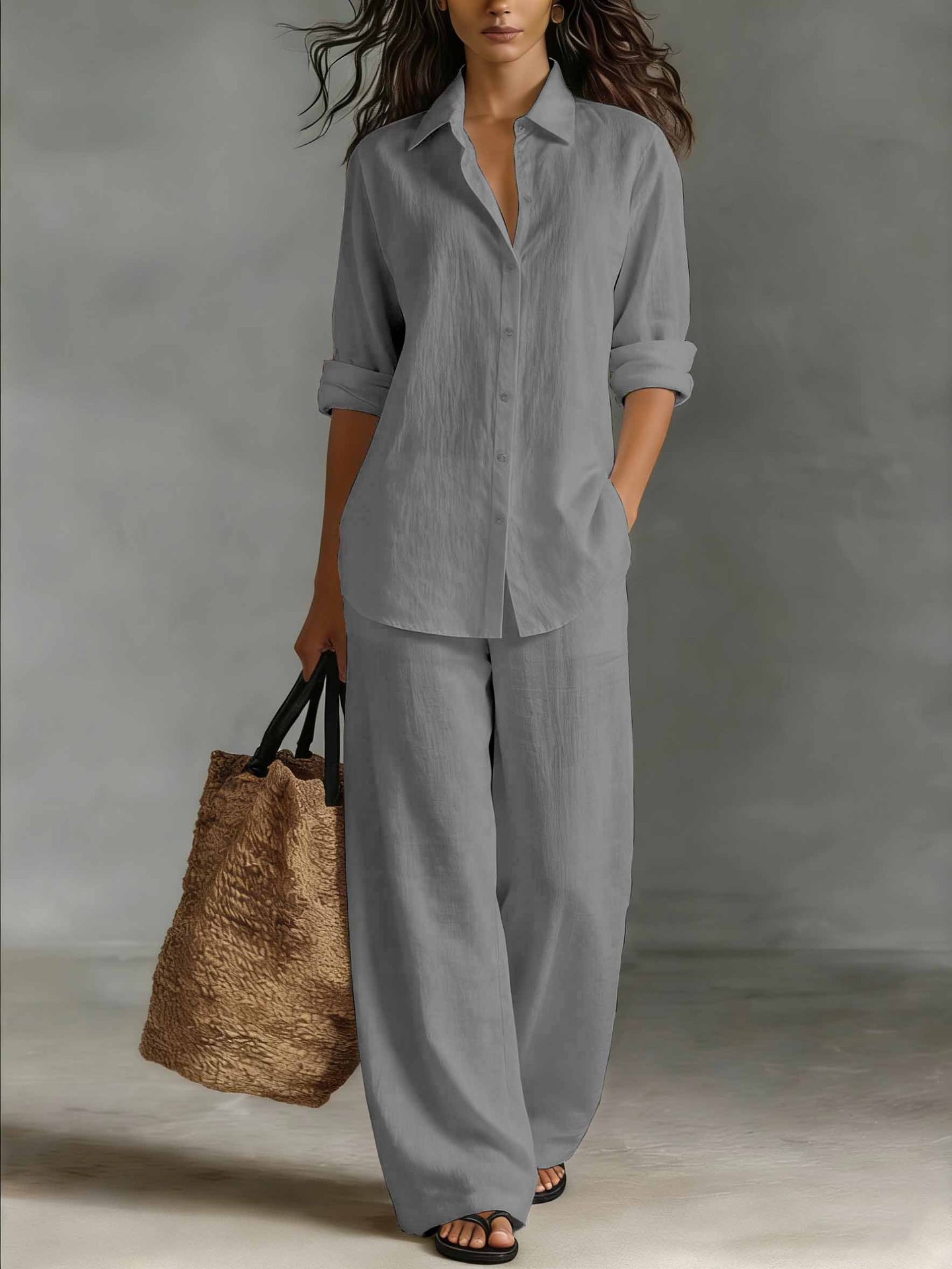 Women's Bohemian Cotton-Linen Set in Light Gray – minimalist style