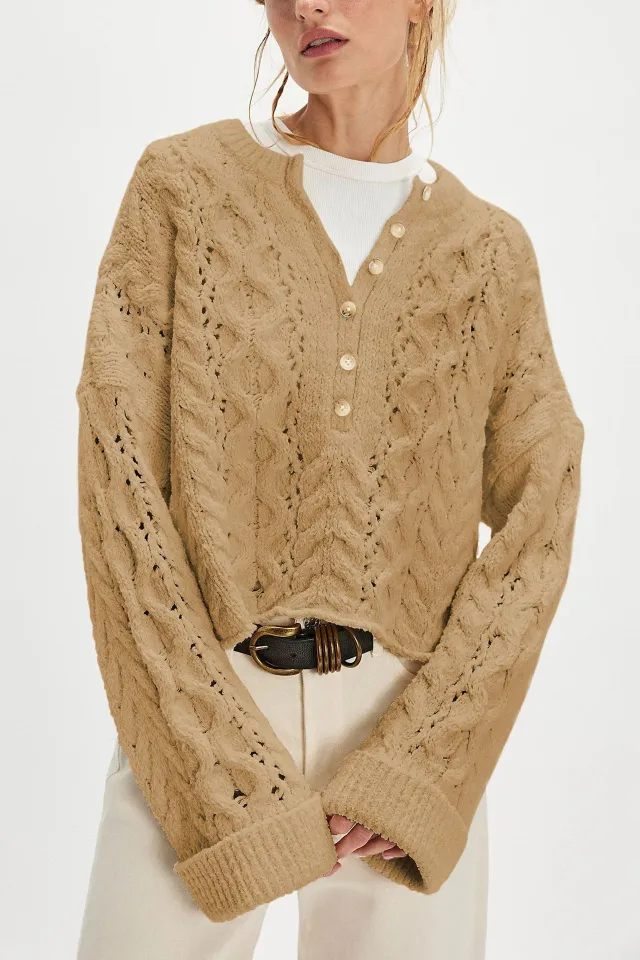 Cable Loose fitting Solid Color Pullover Sweater Khaki - Shop at LoveMi
