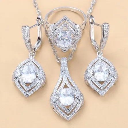 Gem inlaid Pendant Earrings Necklace Ring Ladies Three piece Set White Suit - Shop at LoveMi