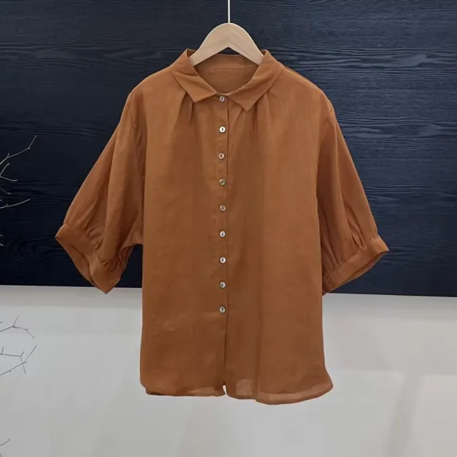 Artistic Versatile Breathable Solid Color Linen Women's Shirt Caramel - Shop at LoveMi