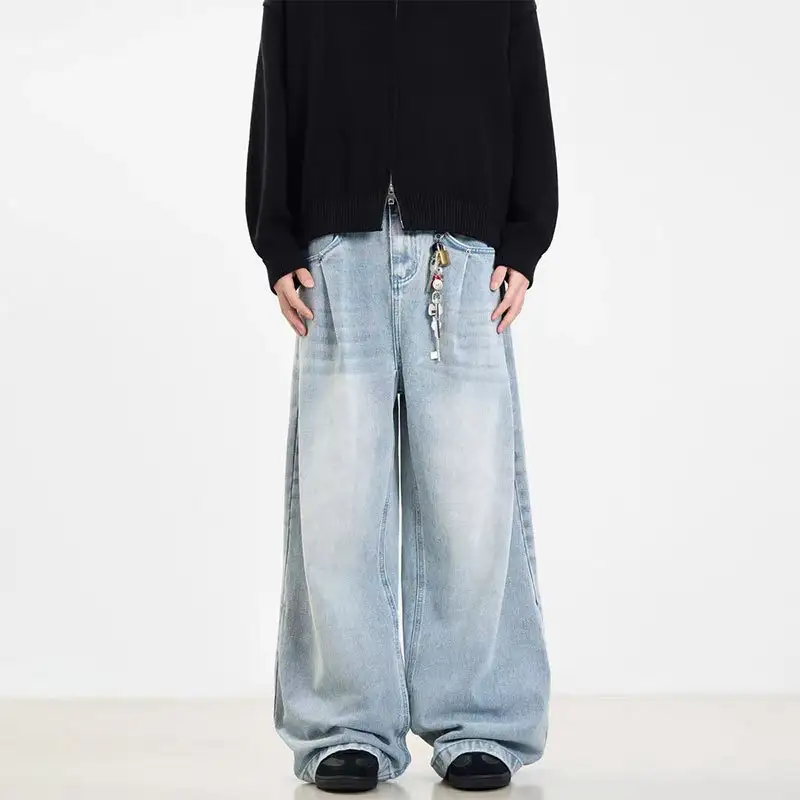 Retro Side Double Oblique Pleated Washed Blue Jeans For Men And Women