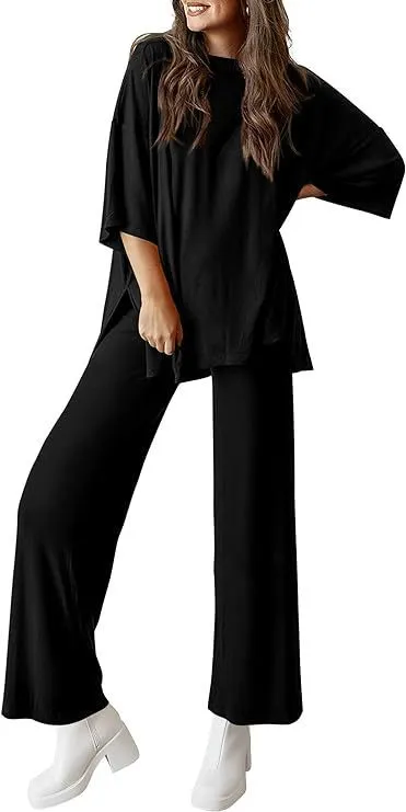 Casual Short sleeved Pullover Top Wide leg Pants Casual Suit Black - Shop at LoveMi