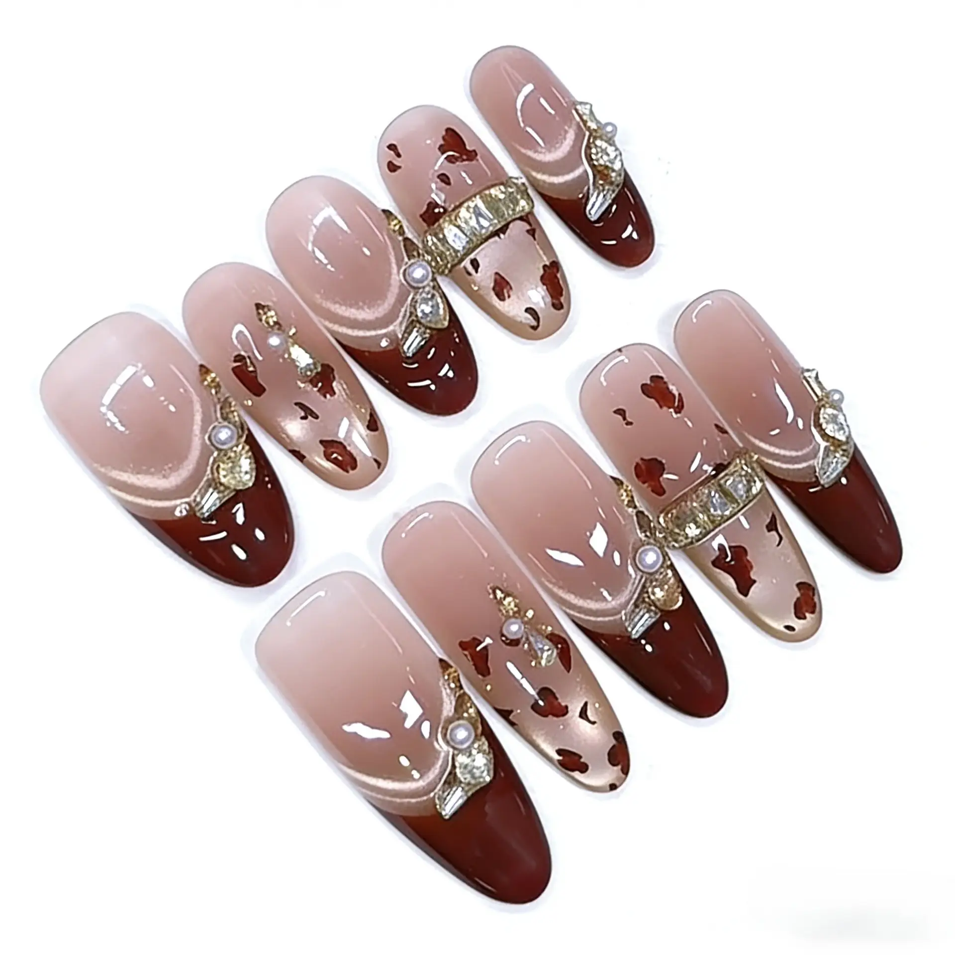 Handmade Wearable Nails New Year Style Coffee Leopard Print Cat Eye Style Ultra-Girly