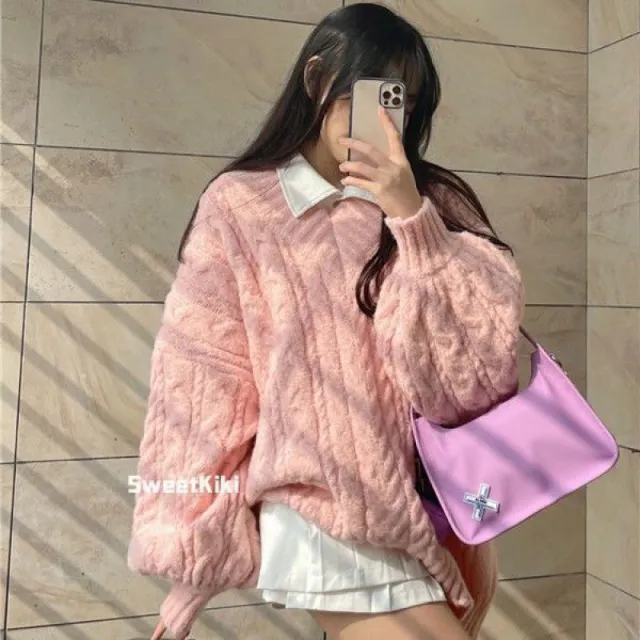 Idle Style Retro Thickened V neck Loose Sweater Pink - Shop at LoveMi