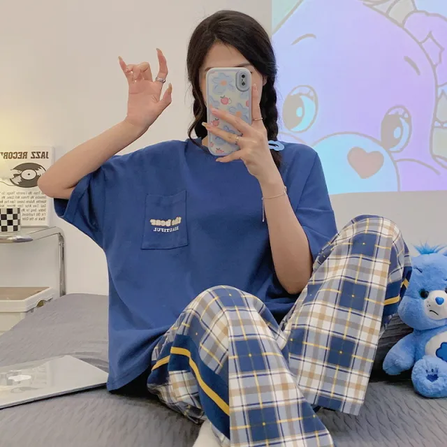 Summer Pajamas Women's Short sleeved Trousers Round Neck Cotton Homewear Cartoon Suit Yne1006 Style - Shop at LoveMi