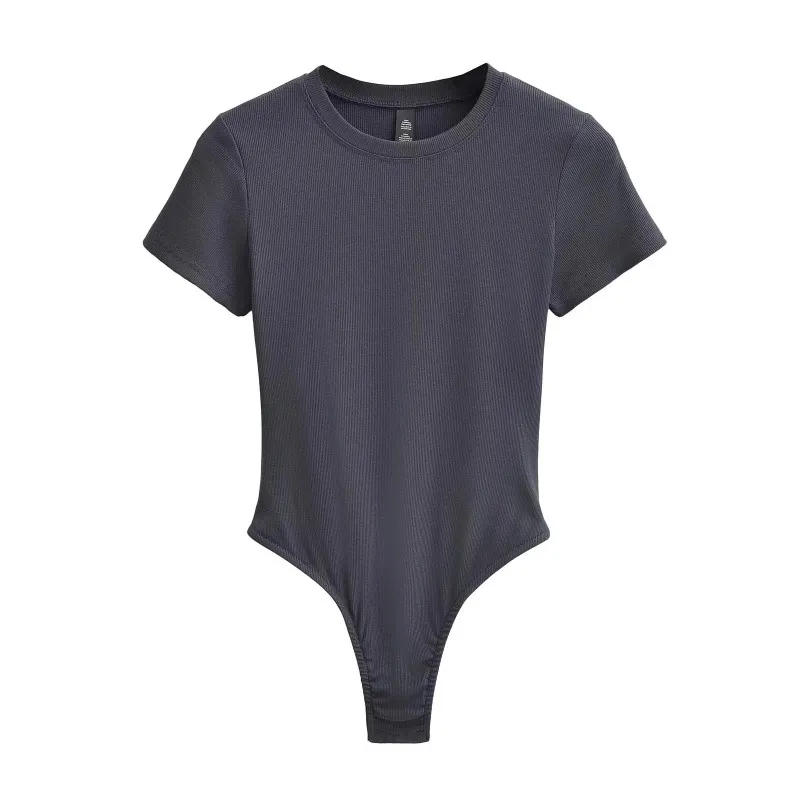 Neck Short Sleeve Rompers Slim Fit Slimming T-shirt Top - Charcoal Grey