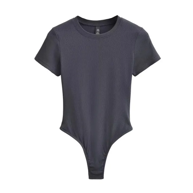 Neck Short Sleeve Rompers Slim Fit Slimming T shirt Top Charcoal Gray - Shop at LoveMi