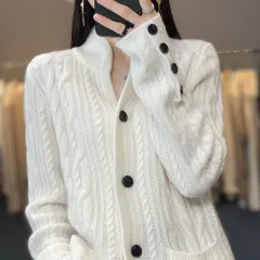 Pure Wool Cardigan Women's Stand Collar Outer Sweater Loose Knitted Coat - White - View 1