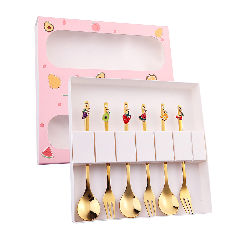 Stainless Steel Cute Strawberry Pendant Dessert Spoon Fruit Fork Coffee Spoon Gift Box