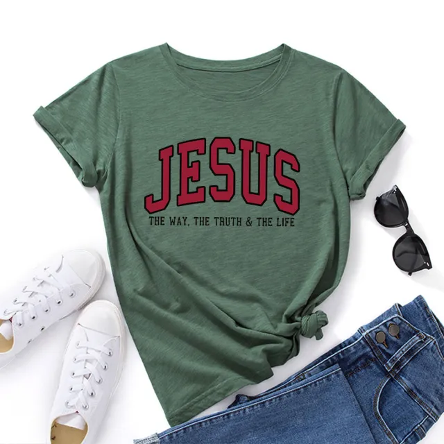 Women's JESUS Printed Loose Round Neck Short Sleeve T shirt Green - Shop at LoveMi
