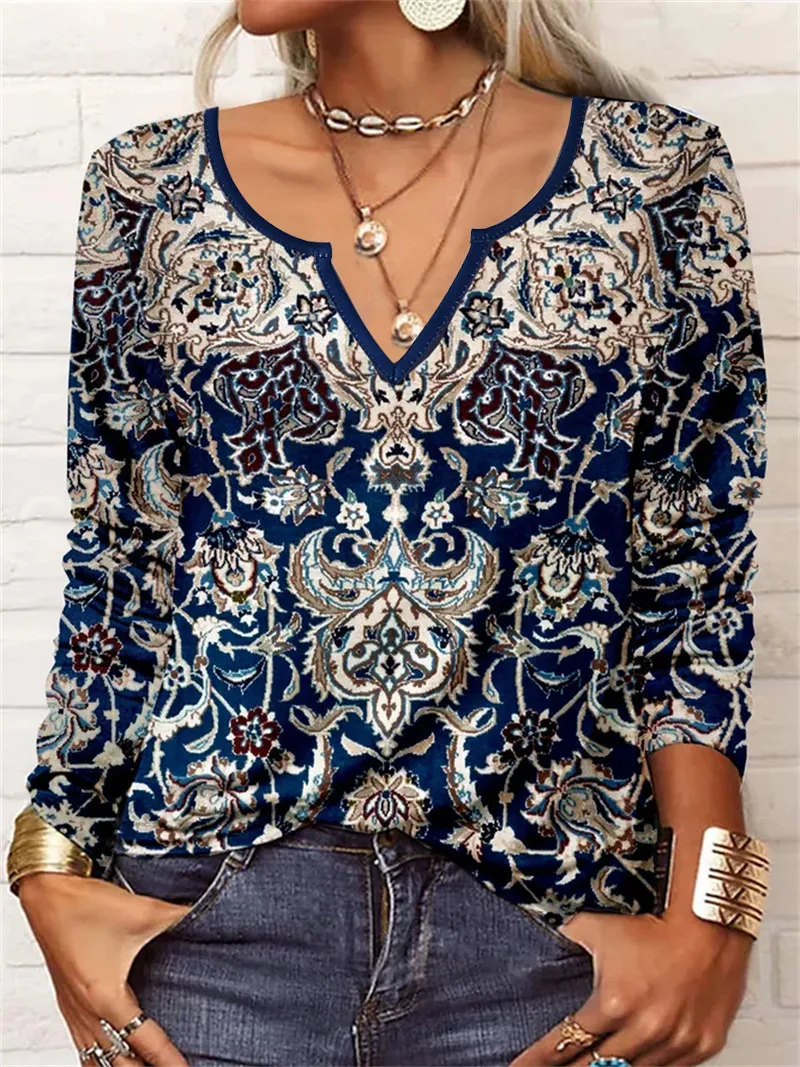 Spring Loose Long Sleeve Floral V-neck T-shirt Bottoming Shirt - Blue