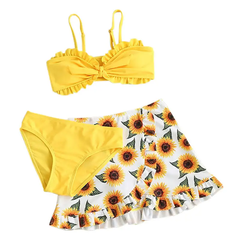 Girls' Sunflower Printed Swimsuit Three-piece Suit