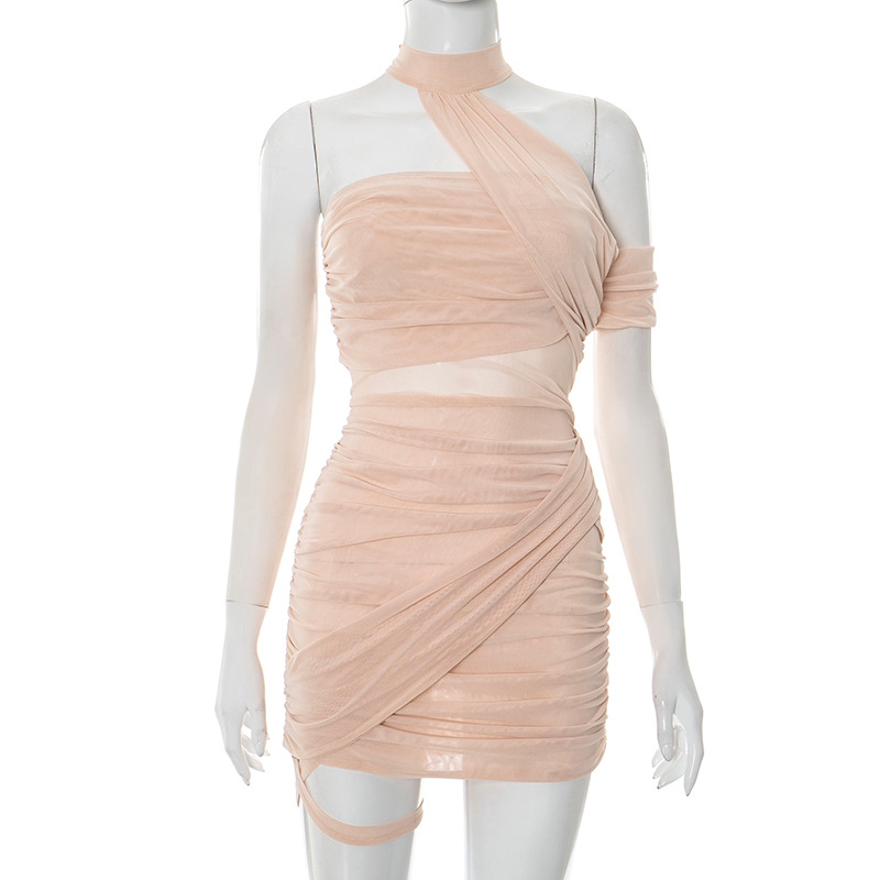 Mesh Halter Backless Asymmetric Pleated Sheath Dress Apricot Beige - Shop at LoveMi