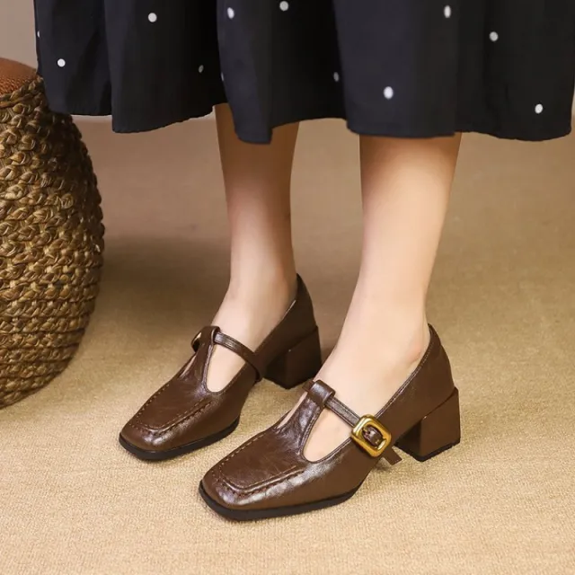 Retro Brown Designer Niche Mid heel Chunky heel Women's Shoes Brown - Shop at LoveMi