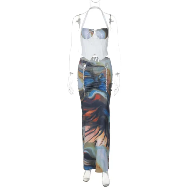 Female Leisure Gathered Top With Slim Tie waist Skirt Color - Shop at LoveMi