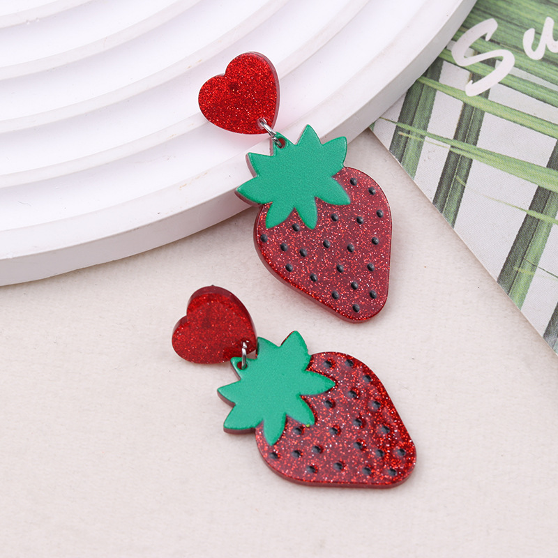 Womens Fashionable Strawberry-Print Acrylic Earrings