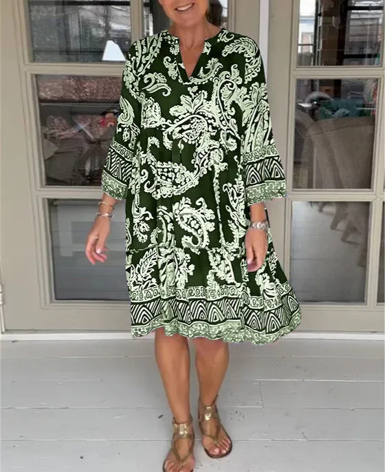 Women's Dress Printed V neck Nine quarter Sleeve Skirt Green - Shop at LoveMi
