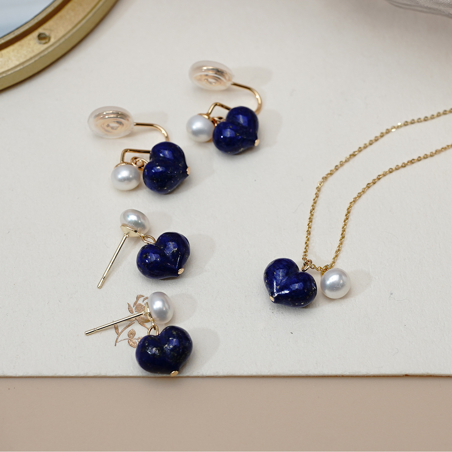 French-Style Vintage Elegant Lapis Lazuli Peach-Heart Pearl Stud Earrings