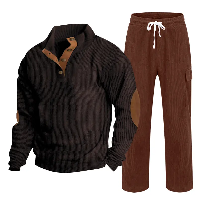 Mens Corduroy Button-Down Henley Shirt And Straight-Leg