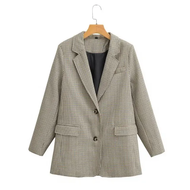 Suit Collar Plaid Casual Long Sleeve Coat Brown - Shop at LoveMi