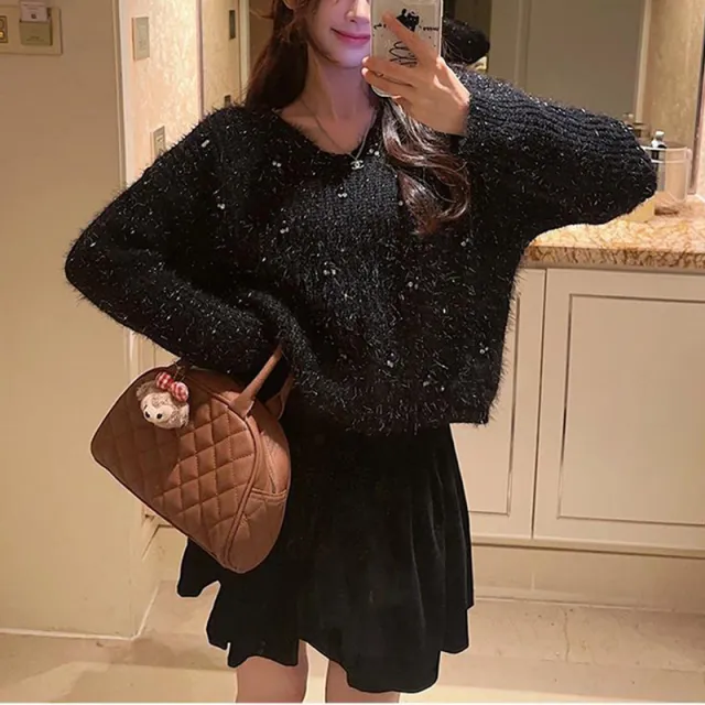 Women's Heavy Industry Beaded Loose Red New Year Pullover Sweater Black - Shop at LoveMi