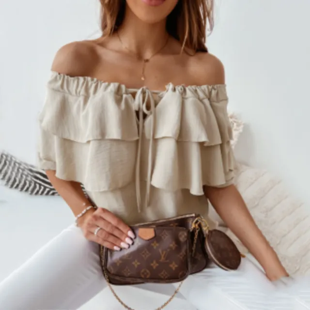 Women's Off neck Pullover Chiffon Tied Lotus Leaf Short Sleeve Khaki - Shop at LoveMi
