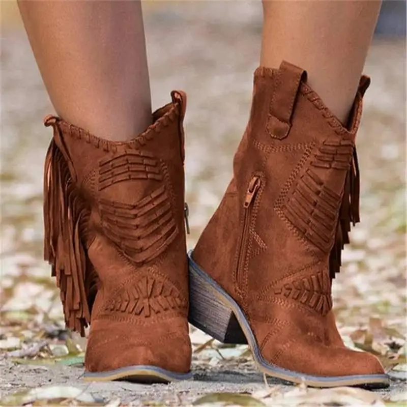 Mid-calf Chunky Heel Women's Side Zipper Boots - Brown