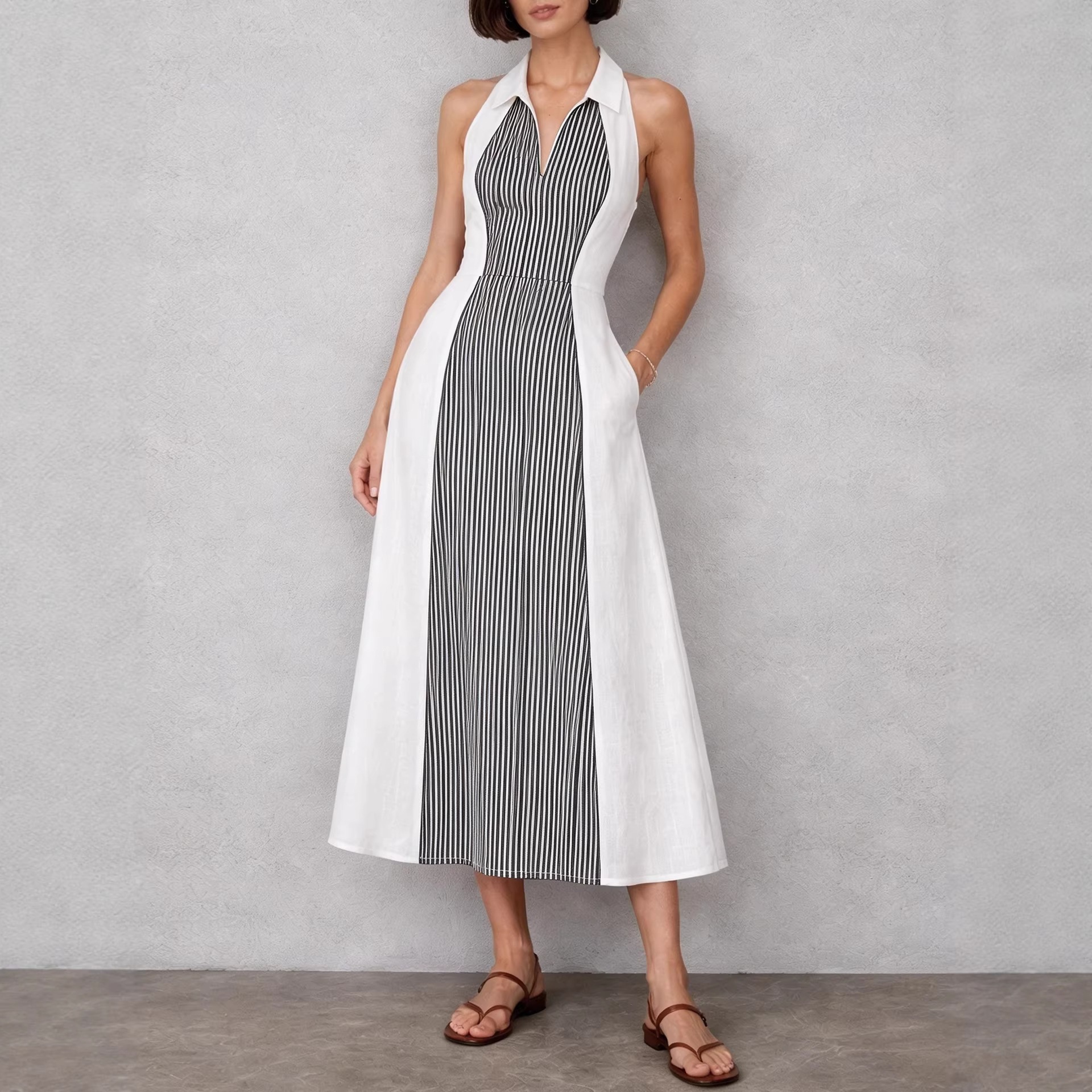 Womens Shirts Collar Defined Waistline Striped Long Swing Dress