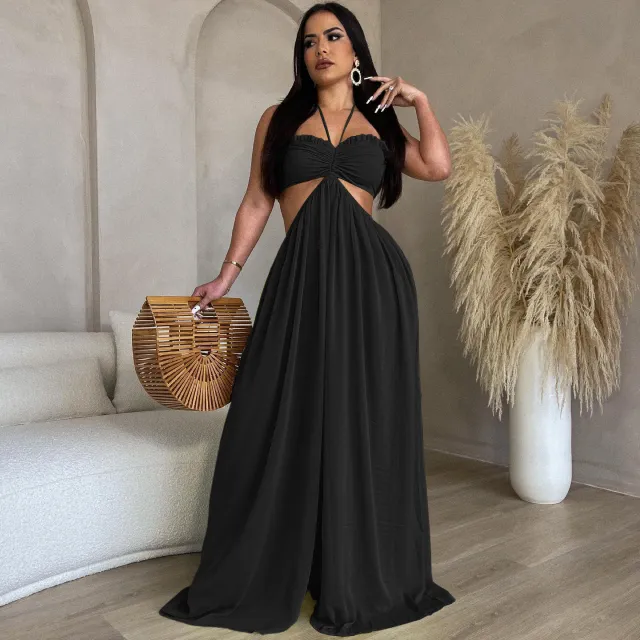 Chiffon Chest wrapped Bare Back Wide leg Jumpsuit European And American Black - Shop at LoveMi