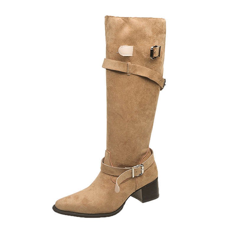 Womens Suede Pointed Toe Chunky Heel Ankle Boots