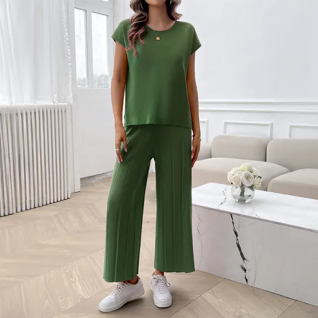 Simple Casual Style Solid Color Top Wide Leg Sweater Suit Green - Shop at LoveMi