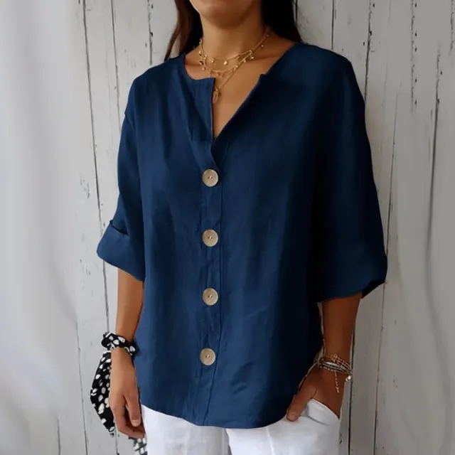 Loose fit Women's V neck Cotton Linen Button T shirt Top Blue - Shop at LoveMi