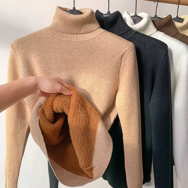 Women's Turtleneck Sweater Top With Velvet Thickened Inner Wear Oatmeal S - Shop at LoveMi
