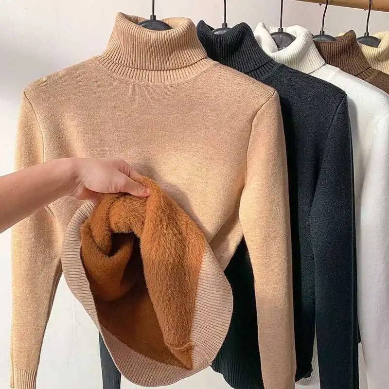 Women's Turtleneck Sweater Top With Velvet Thickened Inner Wear - Oatmeal-S