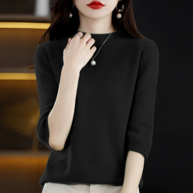 Pure Wool Women's Half Turtleneck Short Pullover Base Knitwear Three quarter Sleeve Sweater Black - Shop at LoveMi