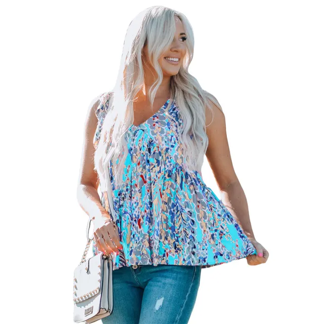 Summer New Floral Print Loose Sleeveless Top Women Light Blue - Shop at LoveMi